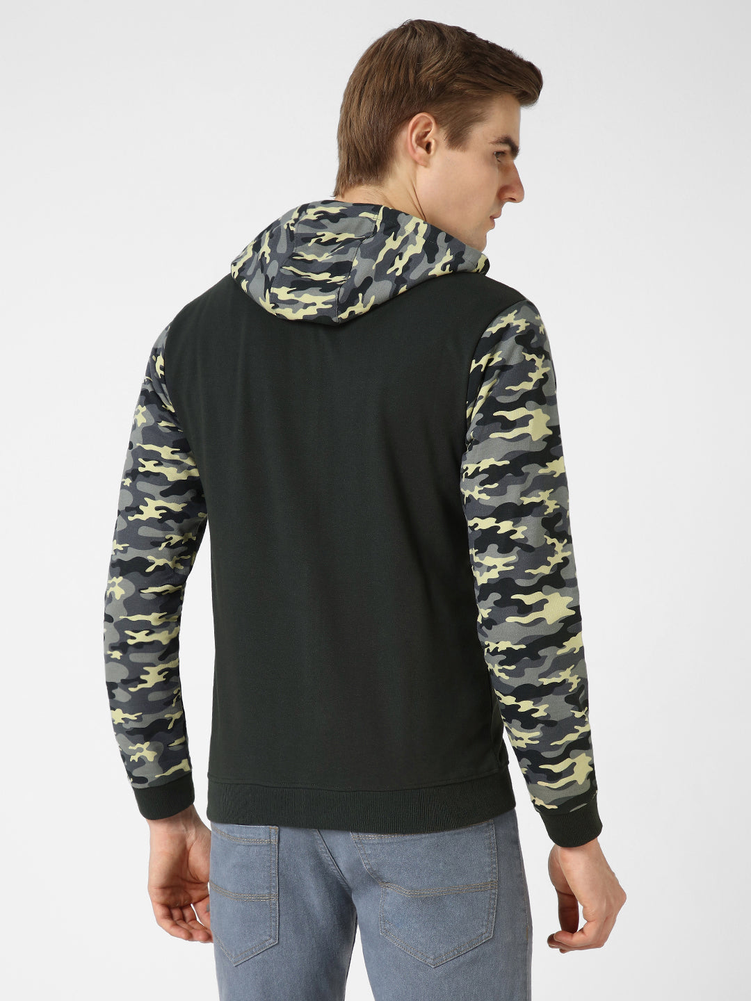 Men's Grey Cotton Camouflage Printed Hooded Neck Sweatshirt