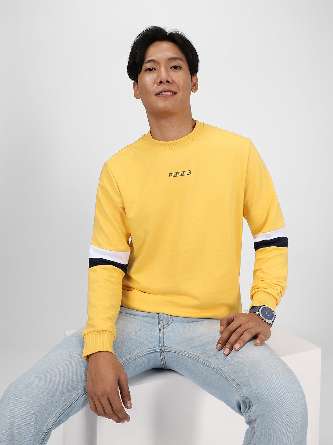 Men's Yellow Cotton Color Block Round Neck Sweatshirt