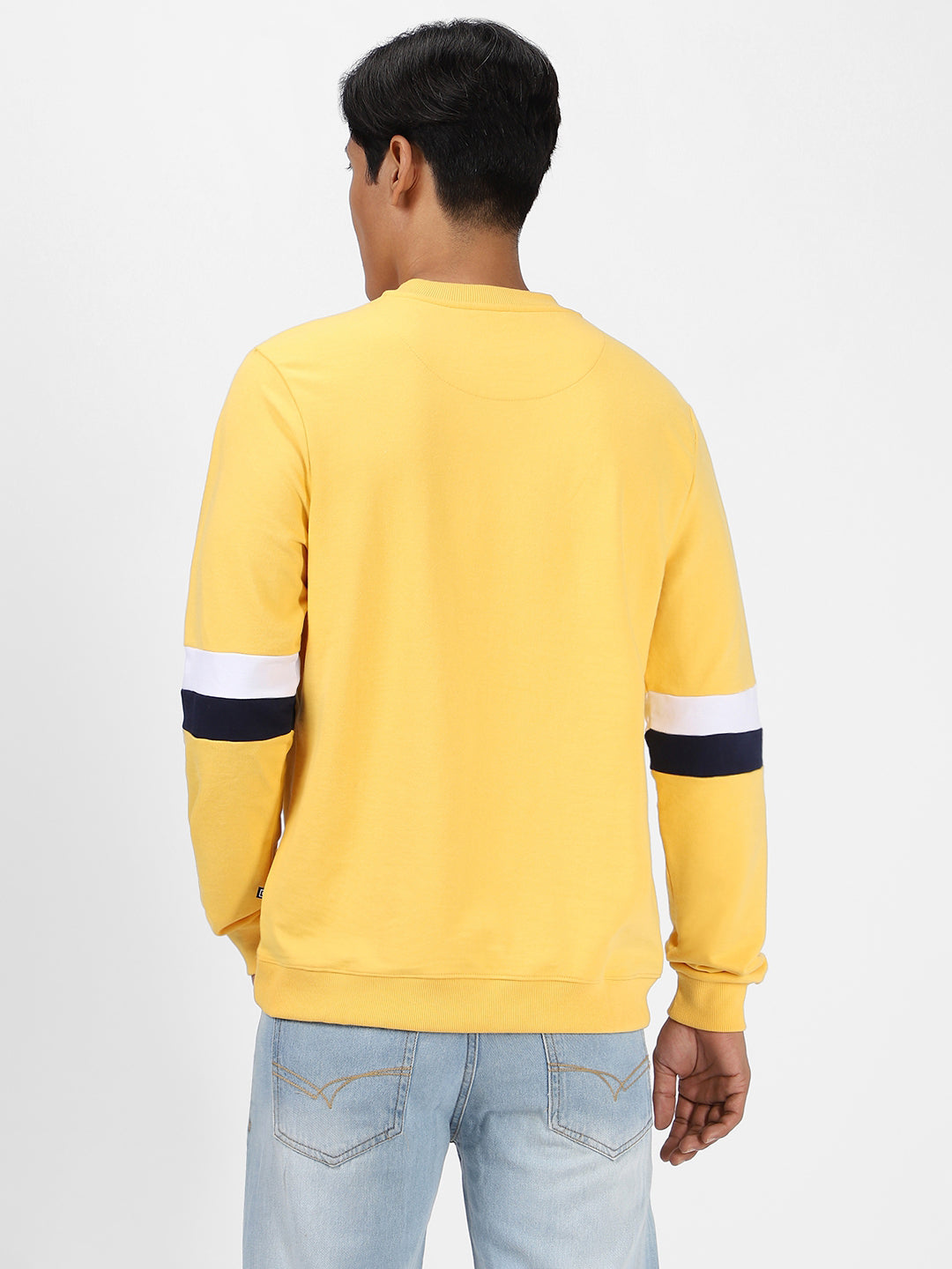 Men's Yellow Cotton Color Block Round Neck Sweatshirt