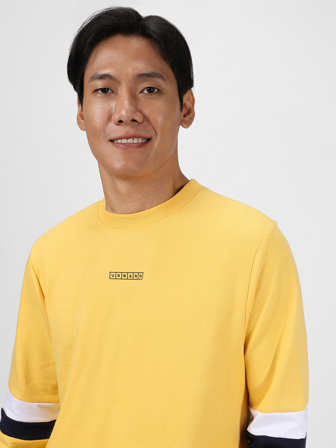 Men's Yellow Cotton Color Block Round Neck Sweatshirt