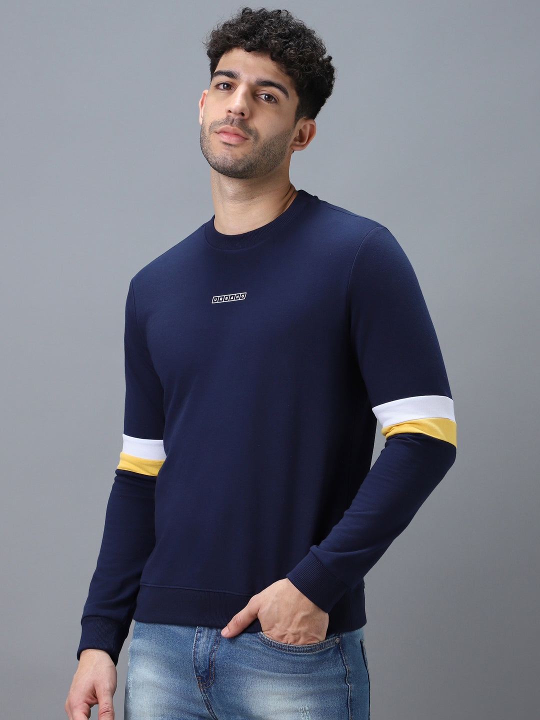 Men's Blue Cotton Color Block Round Neck Sweatshirt