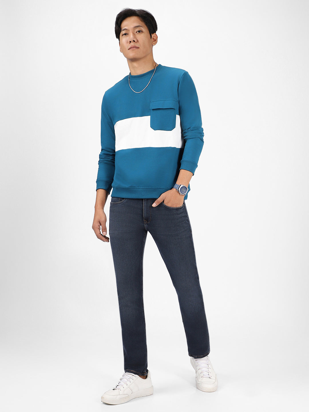 Men's Green Cotton Color Block Round Neck Sweatshirt