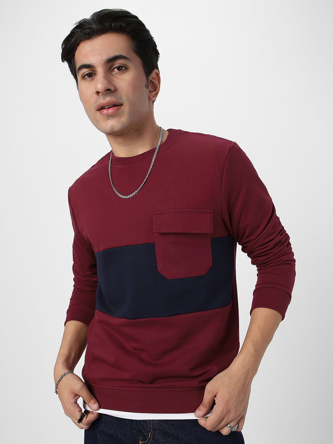 Men's Maroon Cotton Color Block Round Neck Sweatshirt