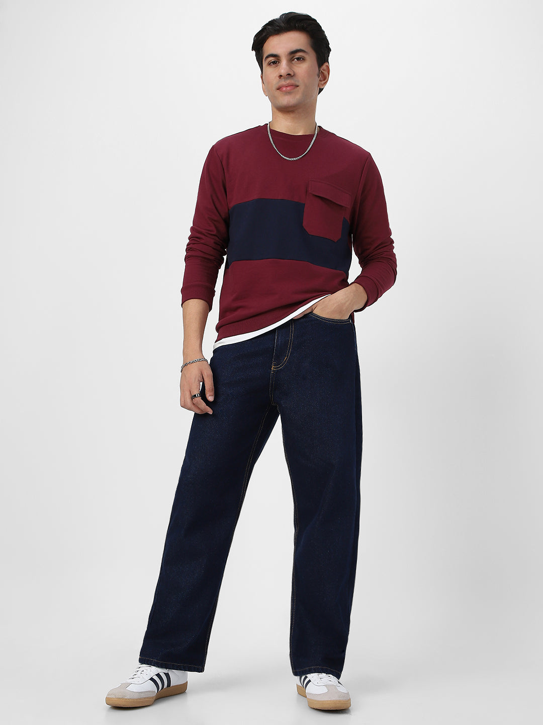 Men's Maroon Cotton Color Block Round Neck Sweatshirt