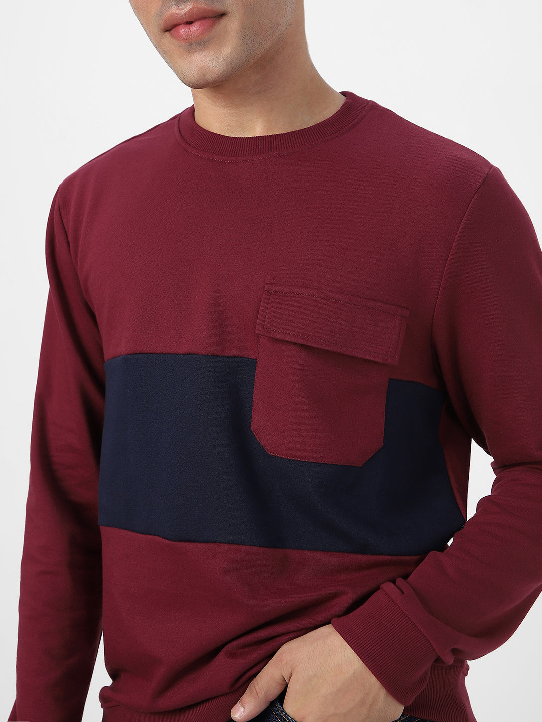 Men's Maroon Cotton Color Block Round Neck Sweatshirt