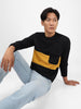 Men's Black Cotton Color Block Round Neck Sweatshirt