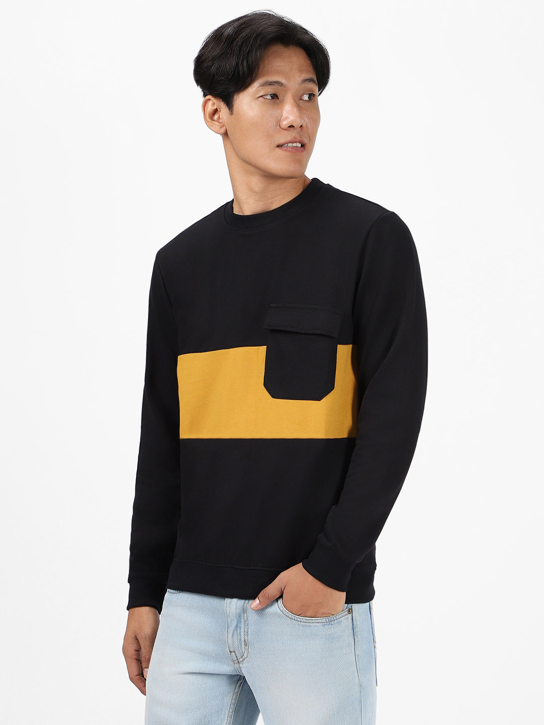 Men's Black Cotton Color Block Round Neck Sweatshirt