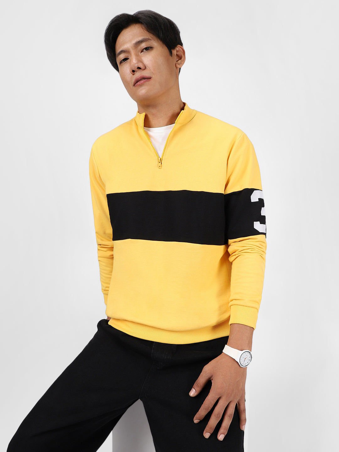 Men's Yellow Cotton Color Block Round Neck Sweatshirt