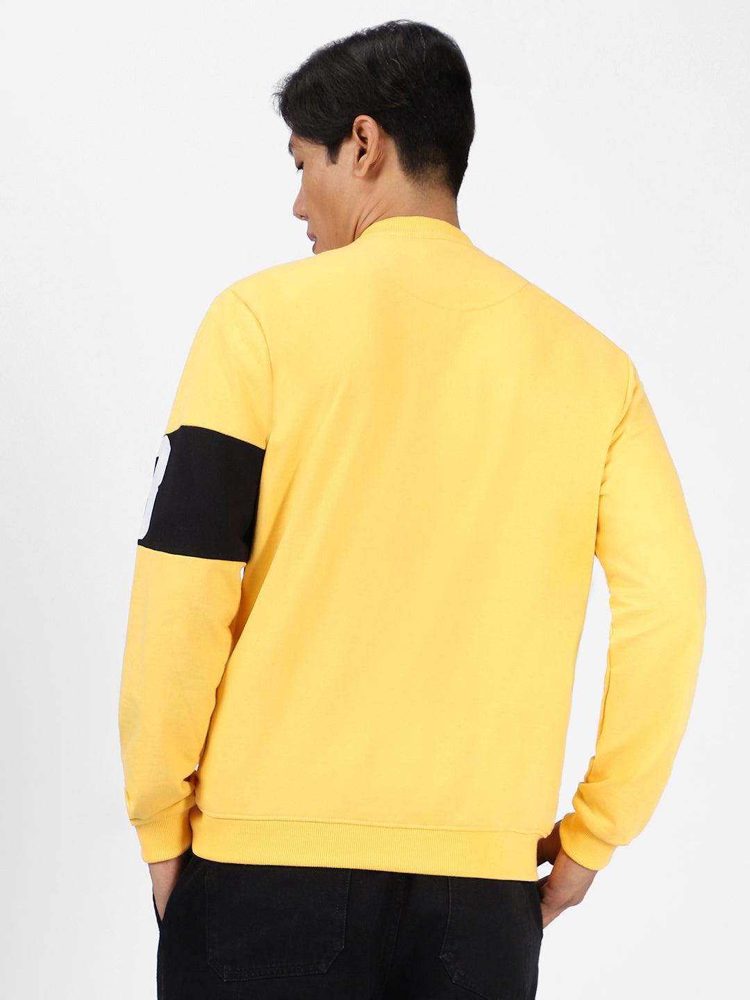 Men's Yellow Cotton Color Block Round Neck Sweatshirt