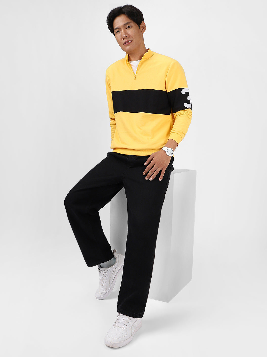 Men's Yellow Cotton Color Block Round Neck Sweatshirt