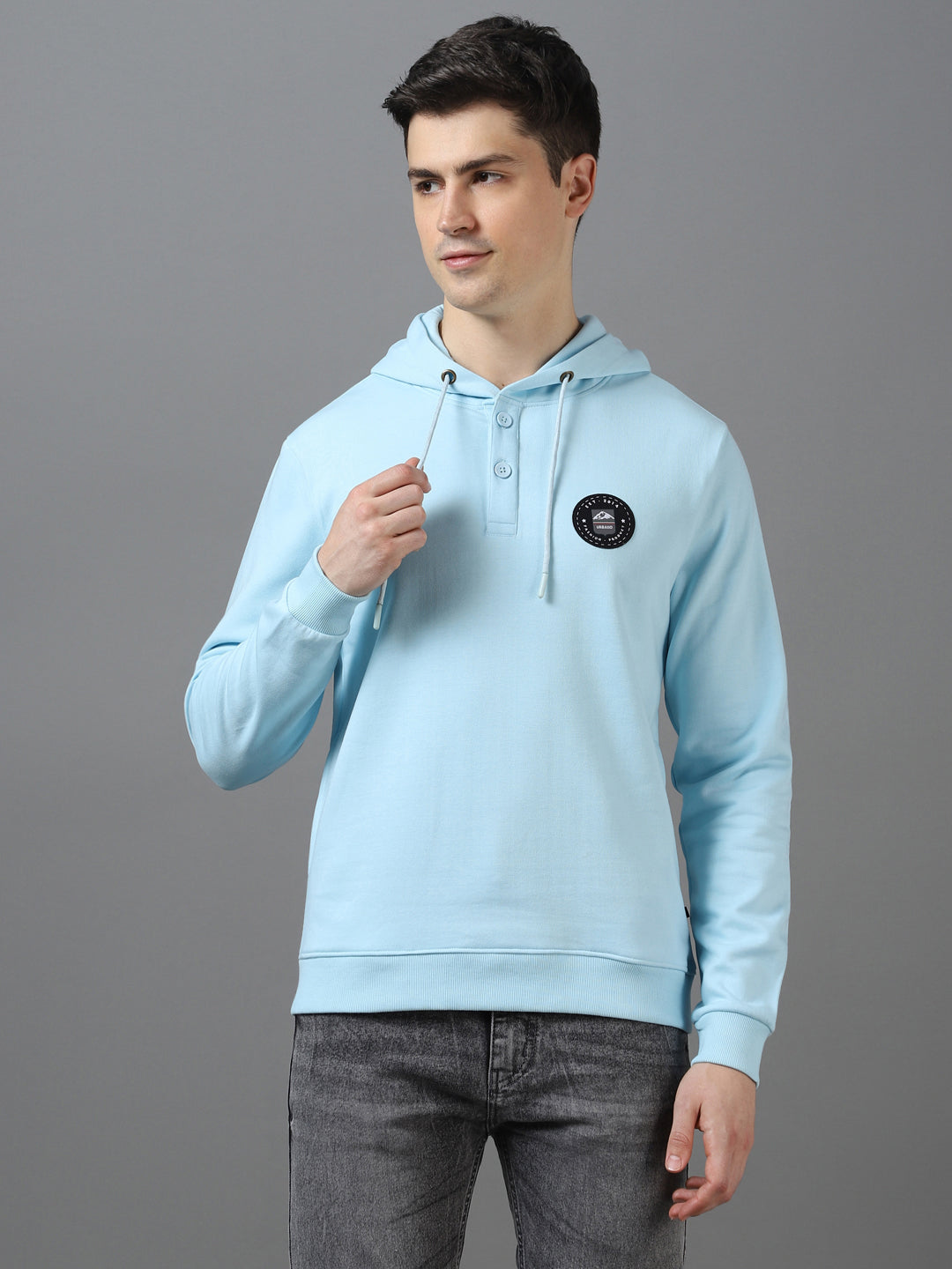 Men's Light Blue Cotton Solid Button Hooded Neck Sweatshirt