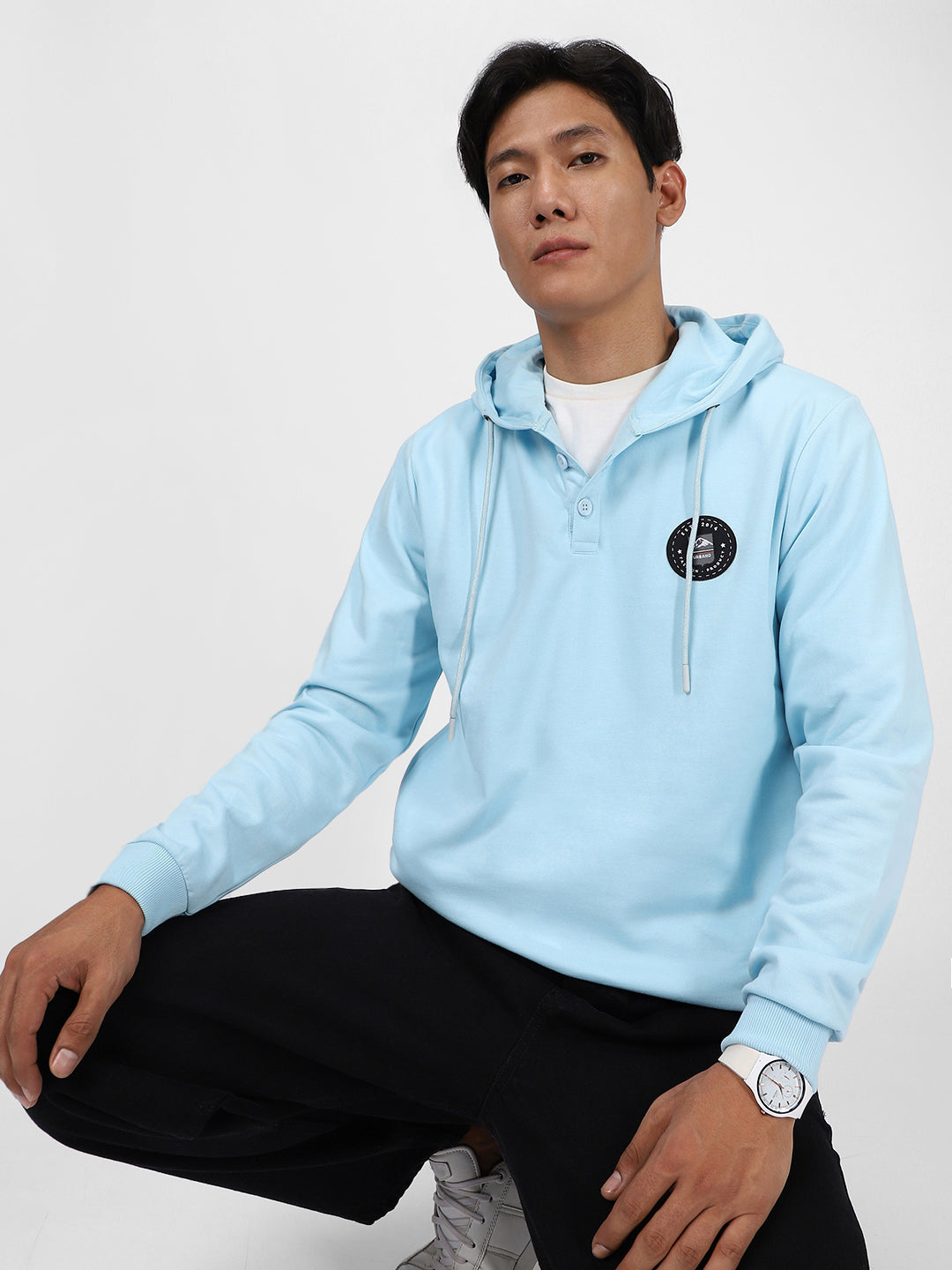 Men's Light Blue Cotton Solid Button Hooded Neck Sweatshirt