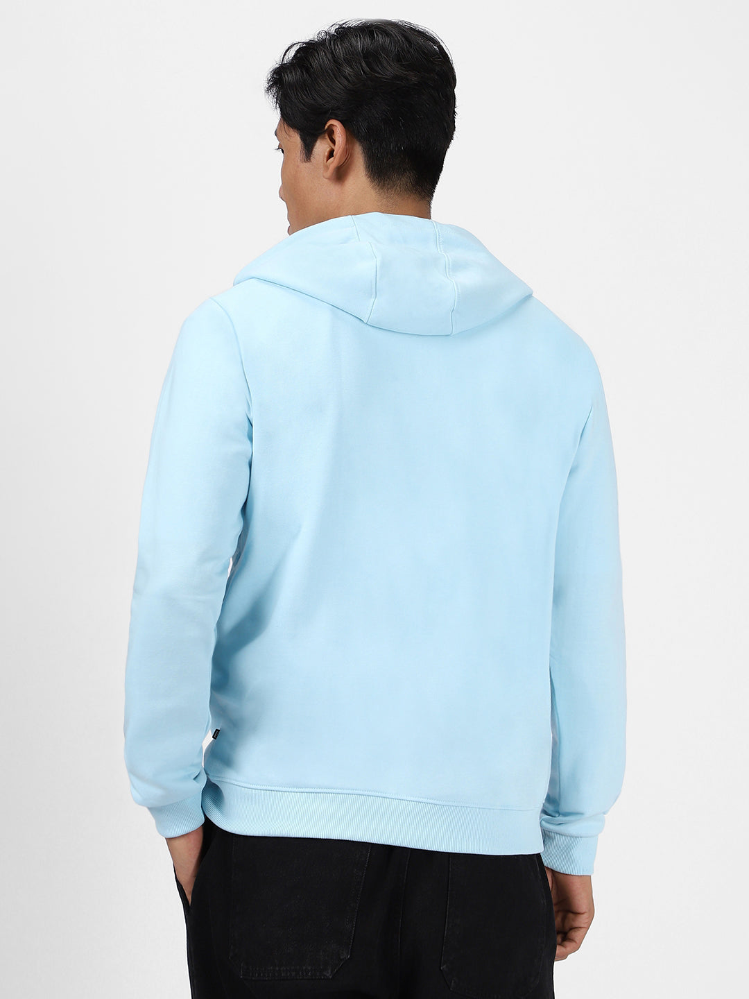 Men's Light Blue Cotton Solid Button Hooded Neck Sweatshirt