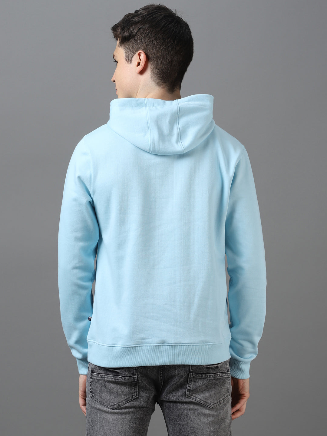 Men's Light Blue Cotton Solid Button Hooded Neck Sweatshirt