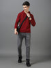 Men's Maroon Cotton Solid Button Hooded Neck Sweatshirt