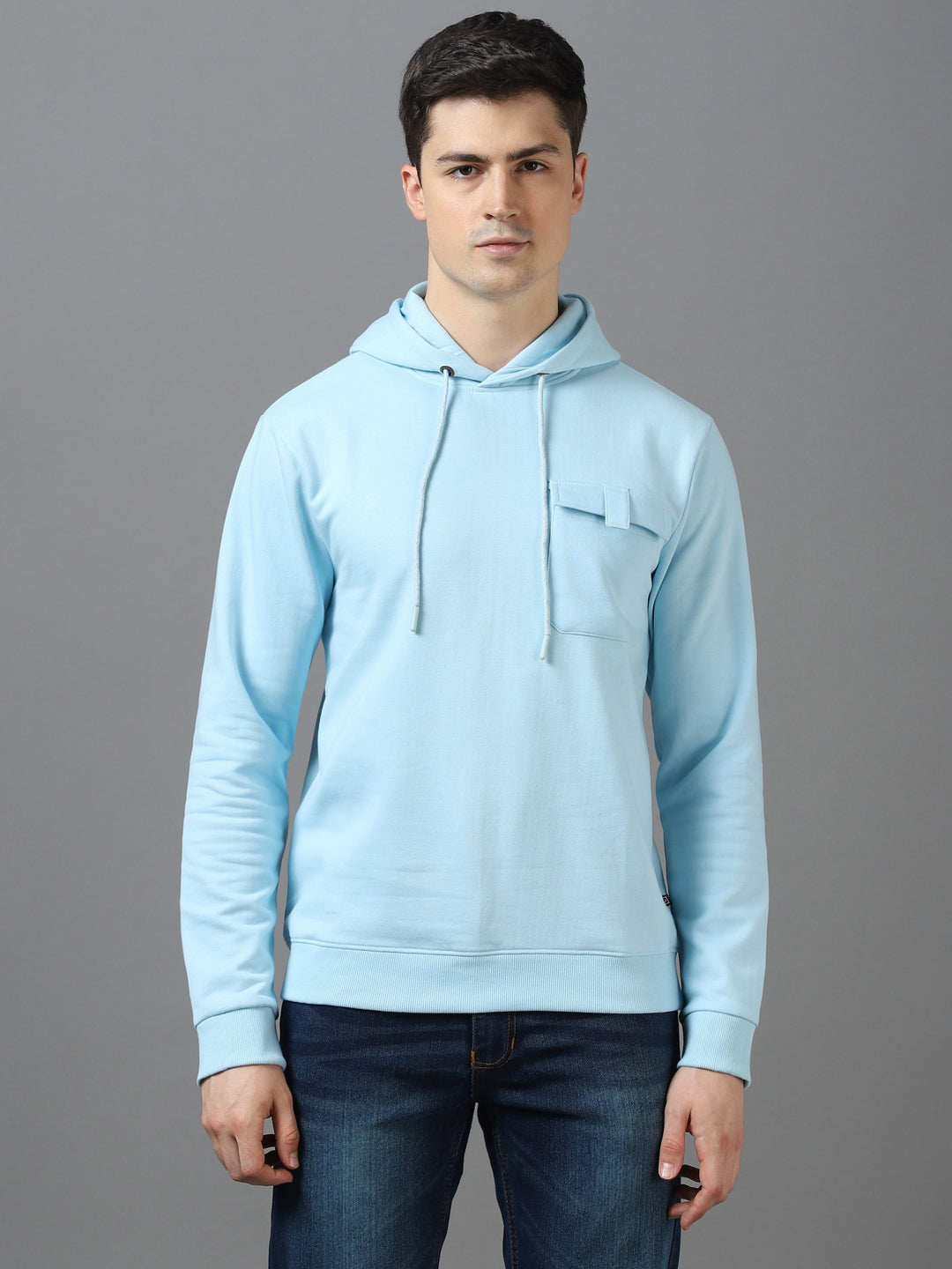 Men's Light Blue Cotton Solid Hooded Neck Sweatshirt