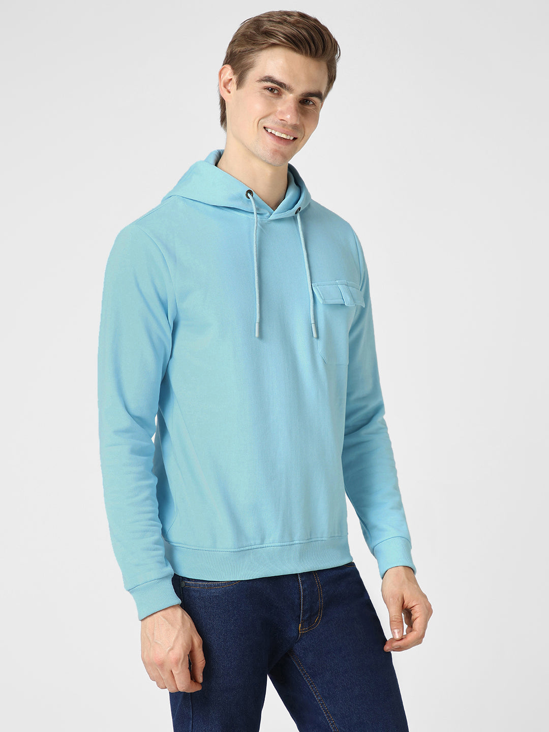 Men's Light Blue Cotton Solid Hooded Neck Sweatshirt