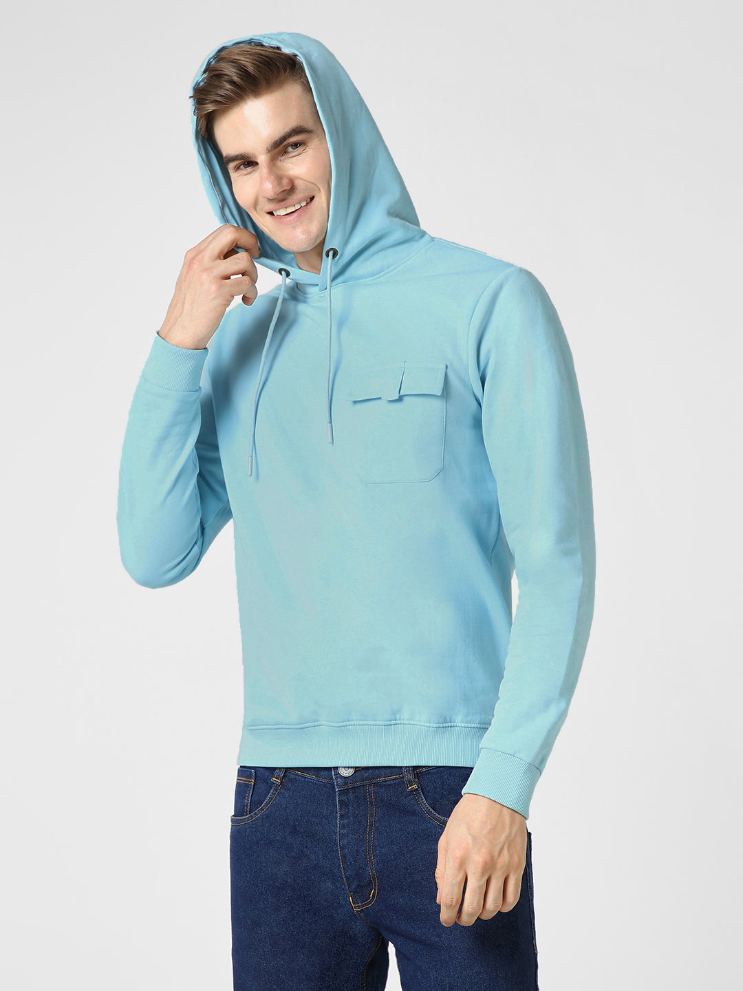 Men's Light Blue Cotton Solid Hooded Neck Sweatshirt