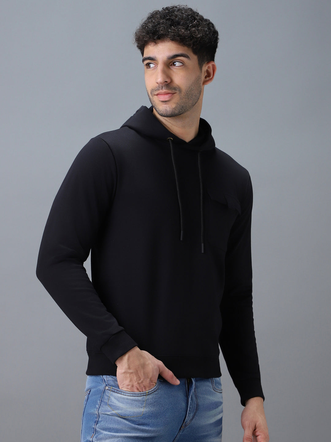 Men's Black Cotton Solid Hooded Neck Sweatshirt