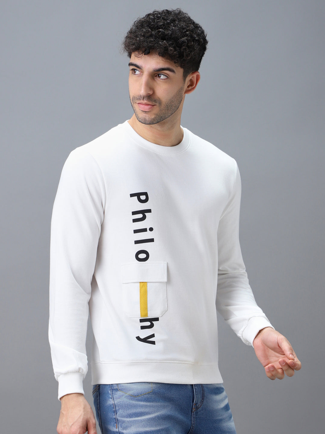 Men's White Cotton Graphic Print Round Neck Sweatshirt