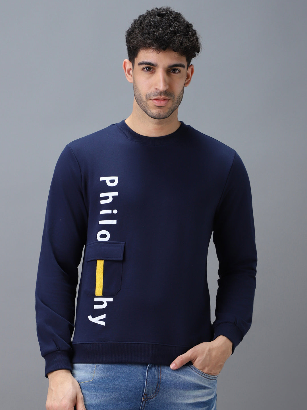 Men's Blue Cotton Graphic Print Round Neck Sweatshirt