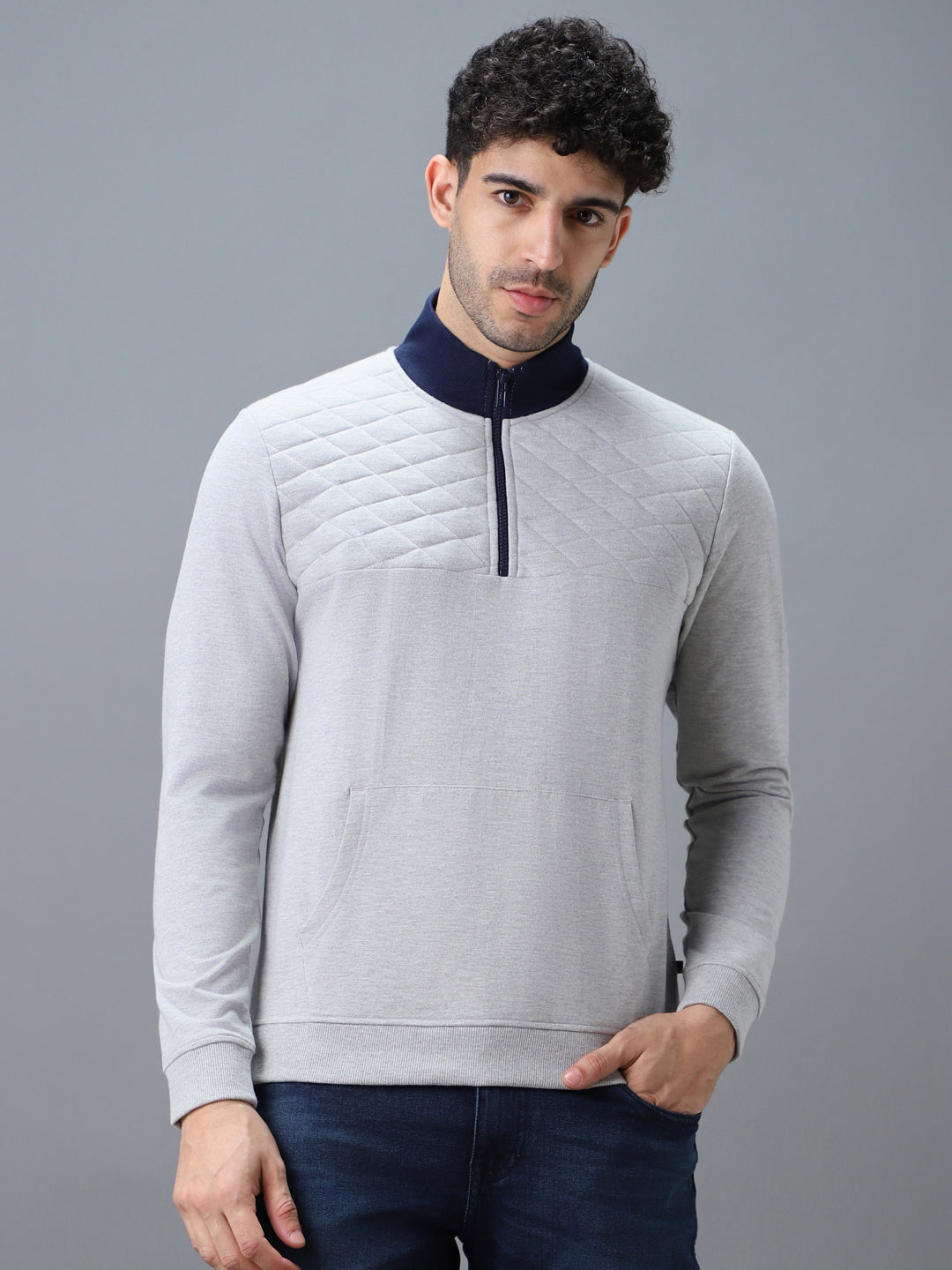 Men's Grey Cotton Solid Zippered High Neck Sweatshirt