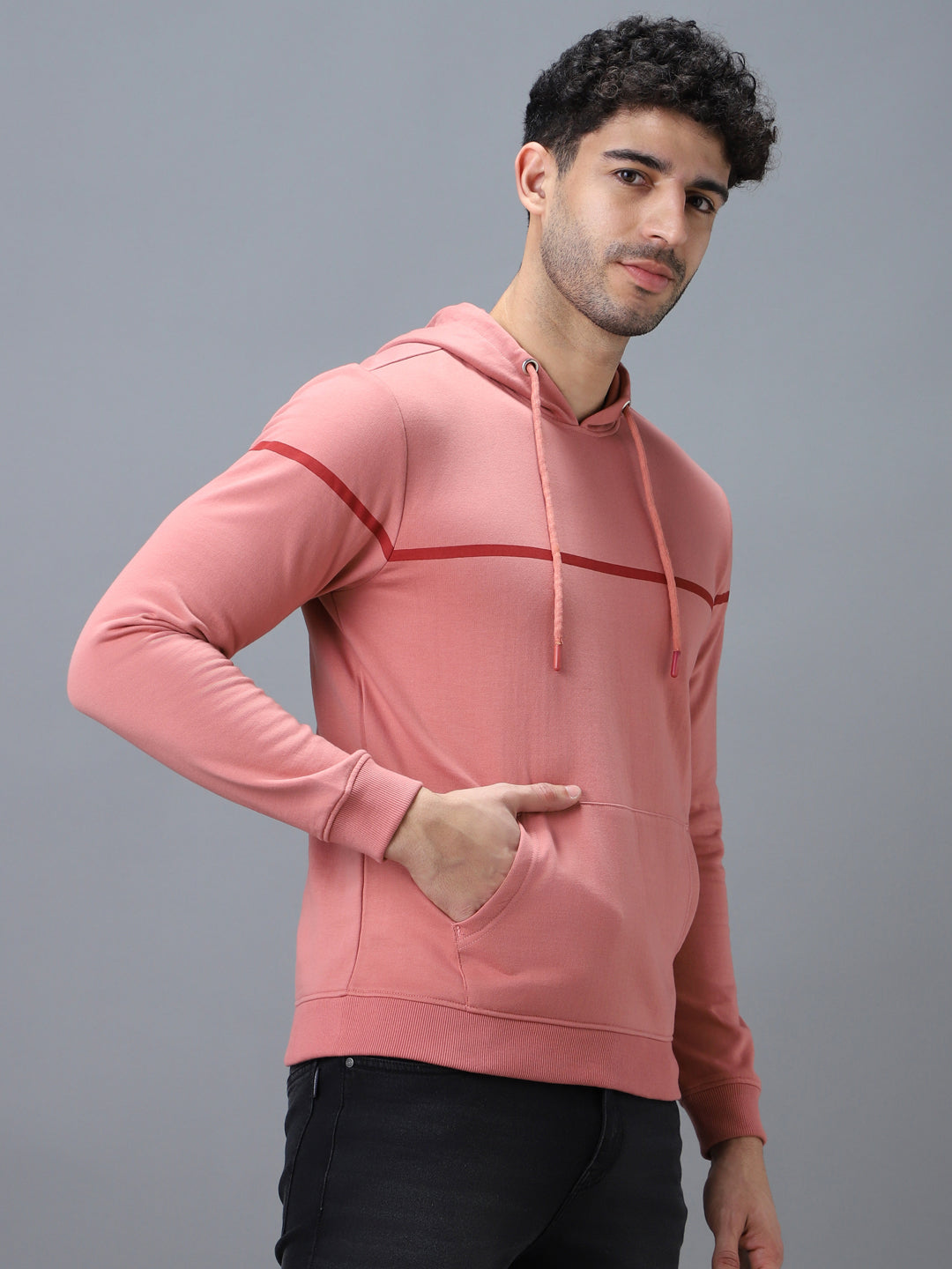 Men's Pink Cotton Solid Hooded Neck Sweatshirt