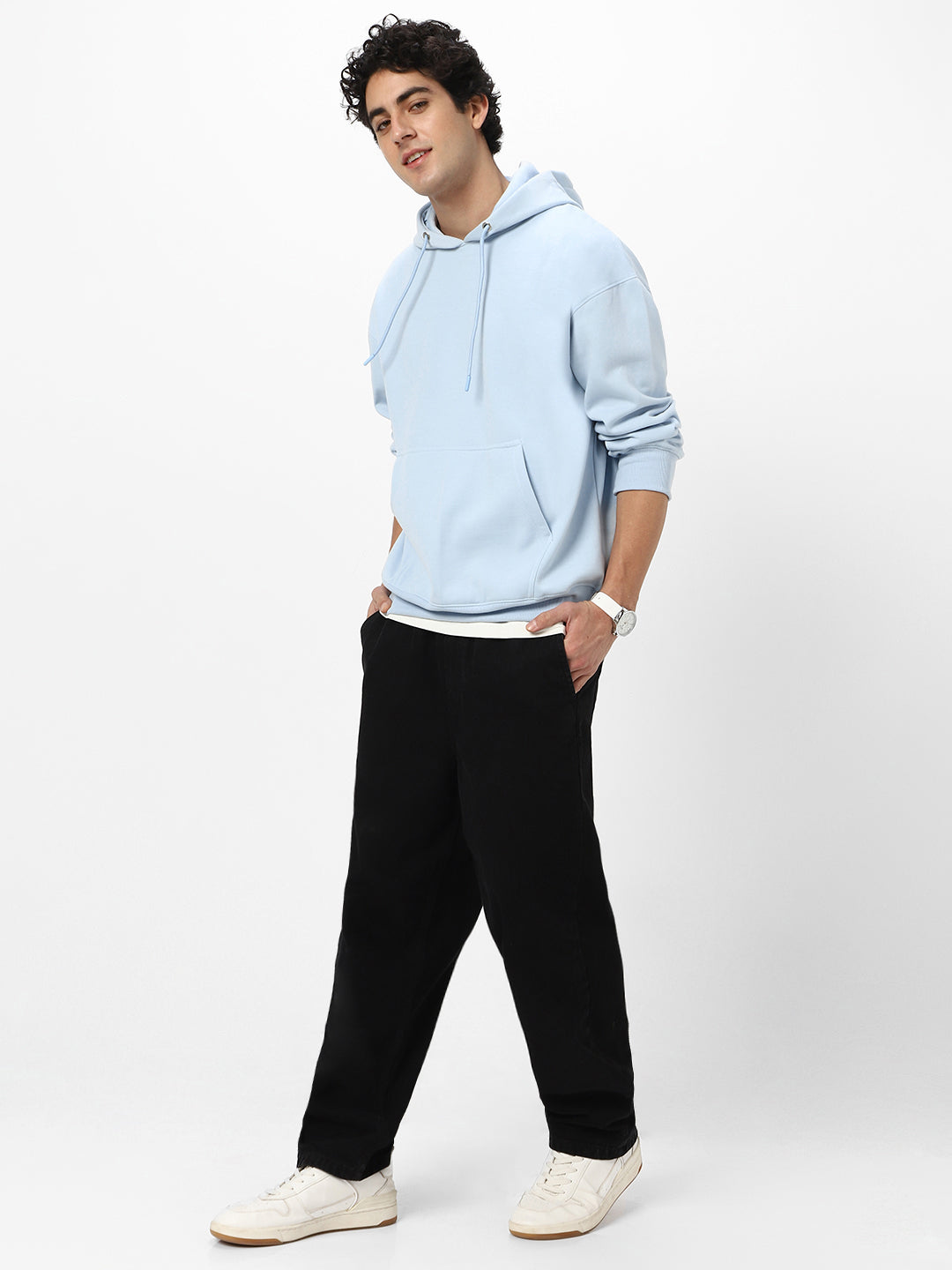 Men's Ballad Blue Cotton Solid Oversized Hooded Neck Sweatshirt