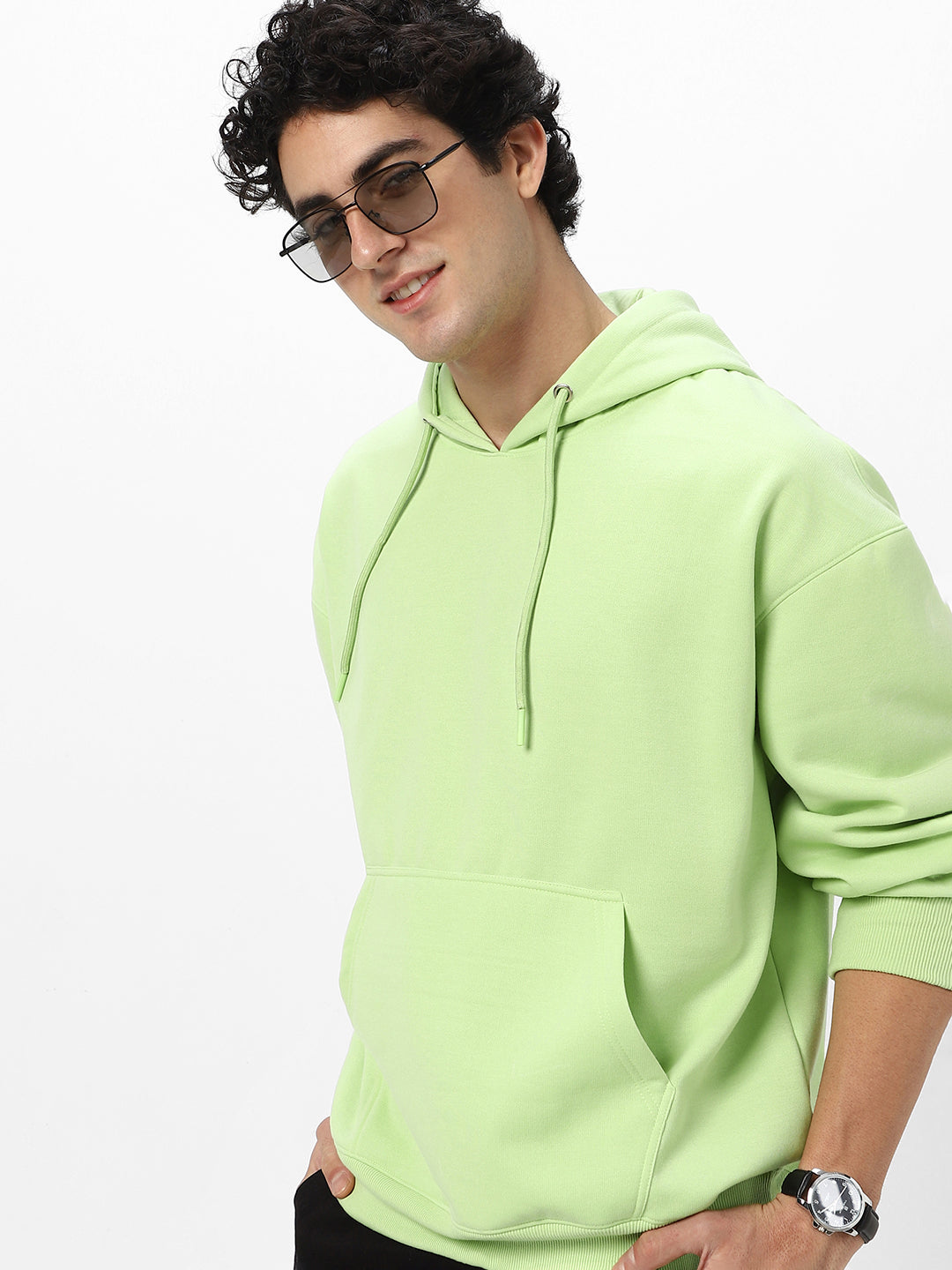 Men's Cool Matcha Cotton Solid Oversized Hooded Neck Sweatshirt