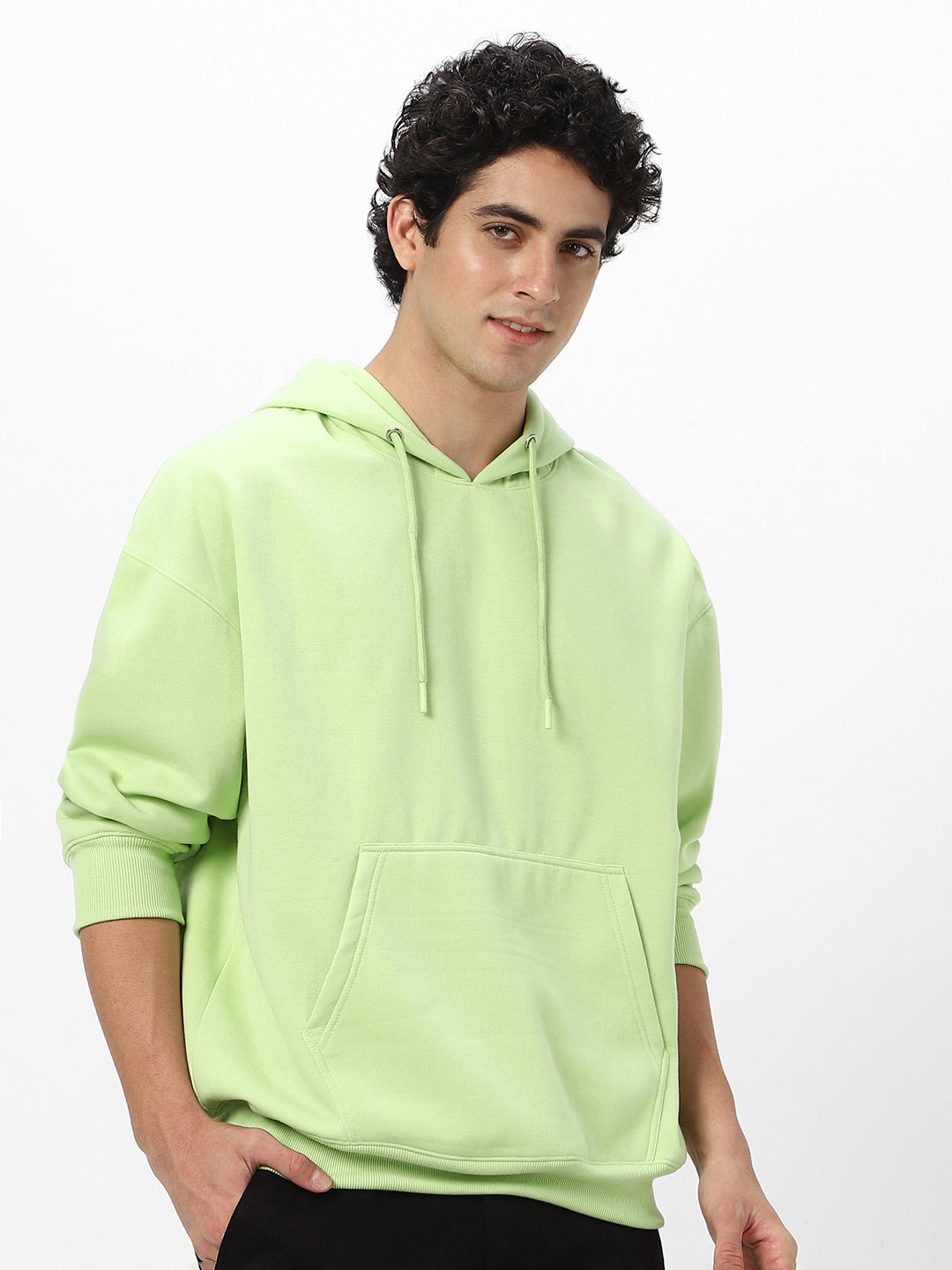 Men's Cool Matcha Cotton Solid Oversized Hooded Neck Sweatshirt