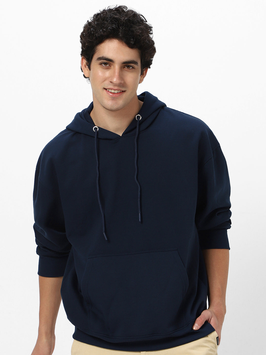 Men's Iris Navy Cotton Solid Oversized Hooded Neck Sweatshirt