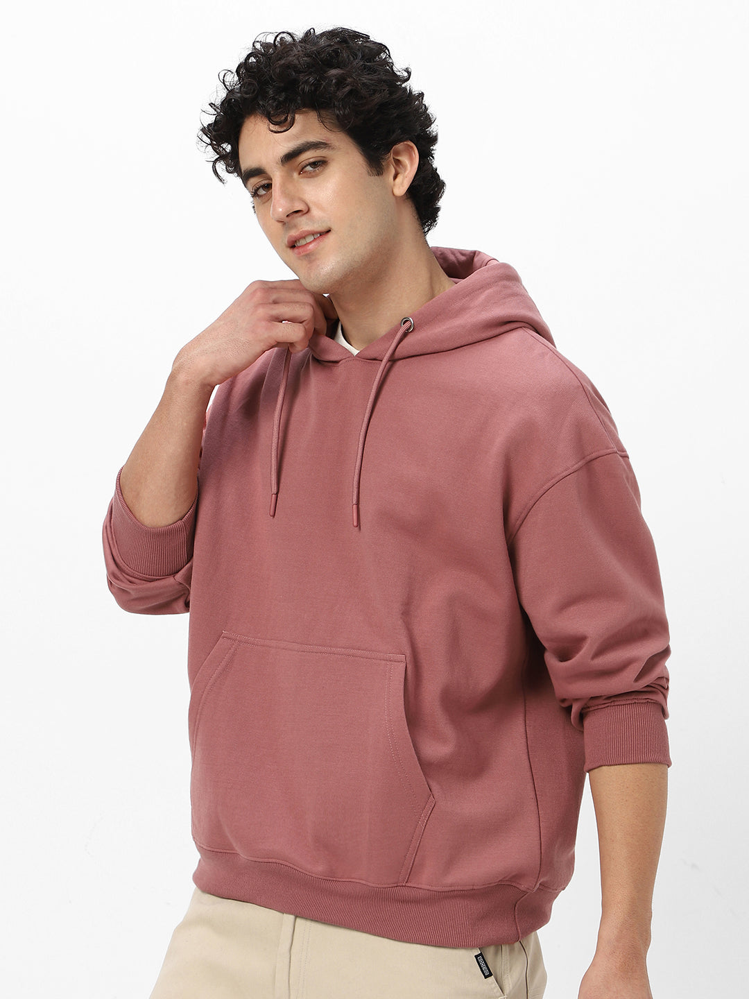 Men's Old Rose Cotton Solid Oversized Hooded Neck Sweatshirt