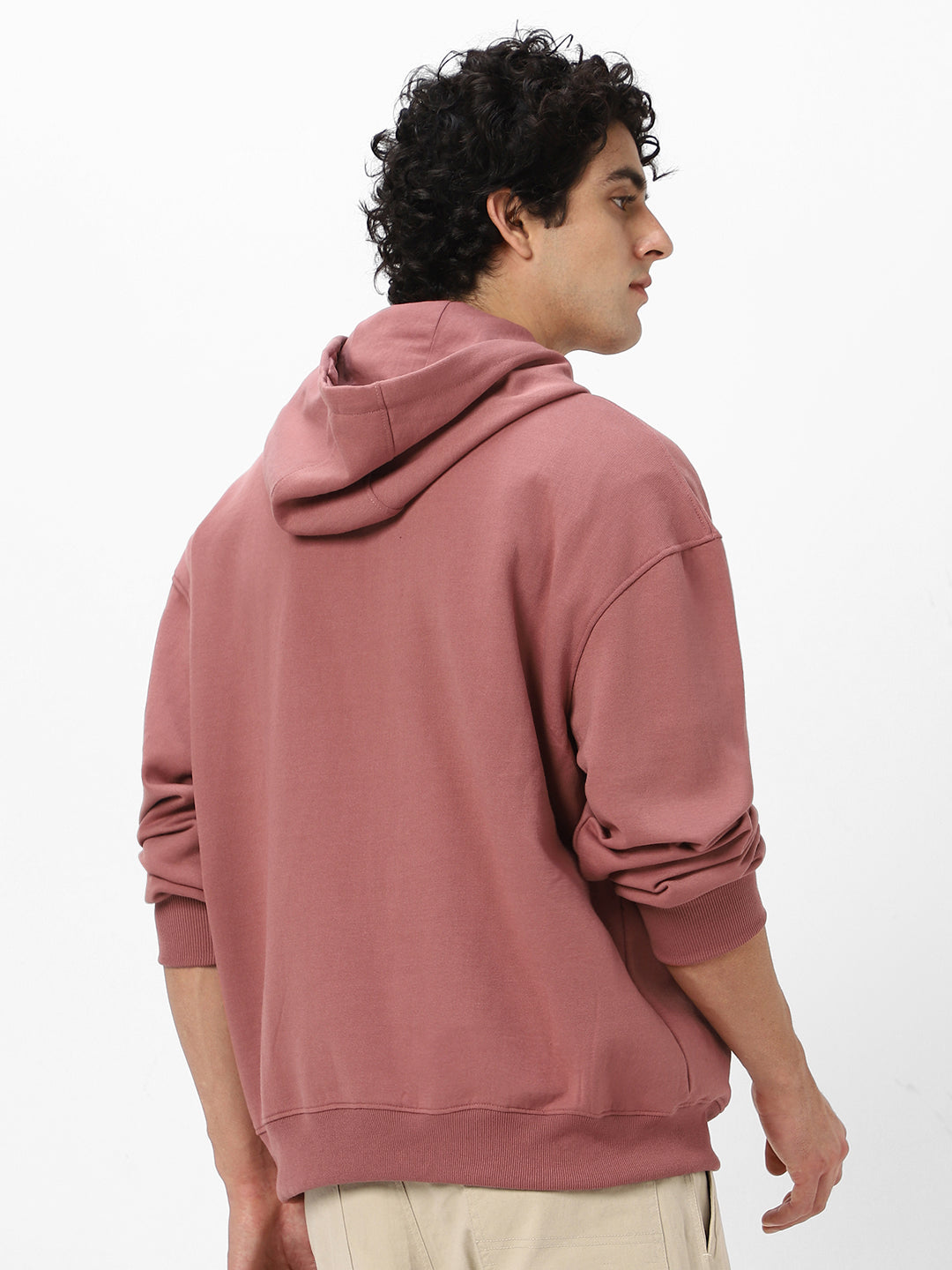 Men's Old Rose Cotton Solid Oversized Hooded Neck Sweatshirt