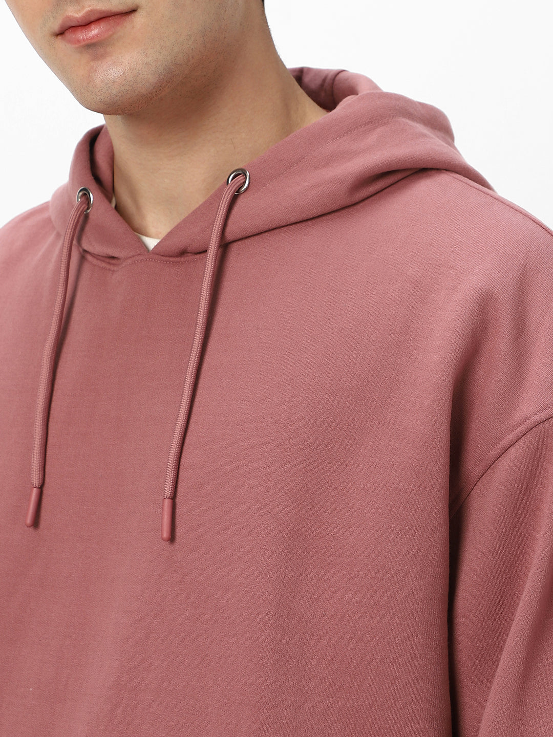 Men's Old Rose Cotton Solid Oversized Hooded Neck Sweatshirt