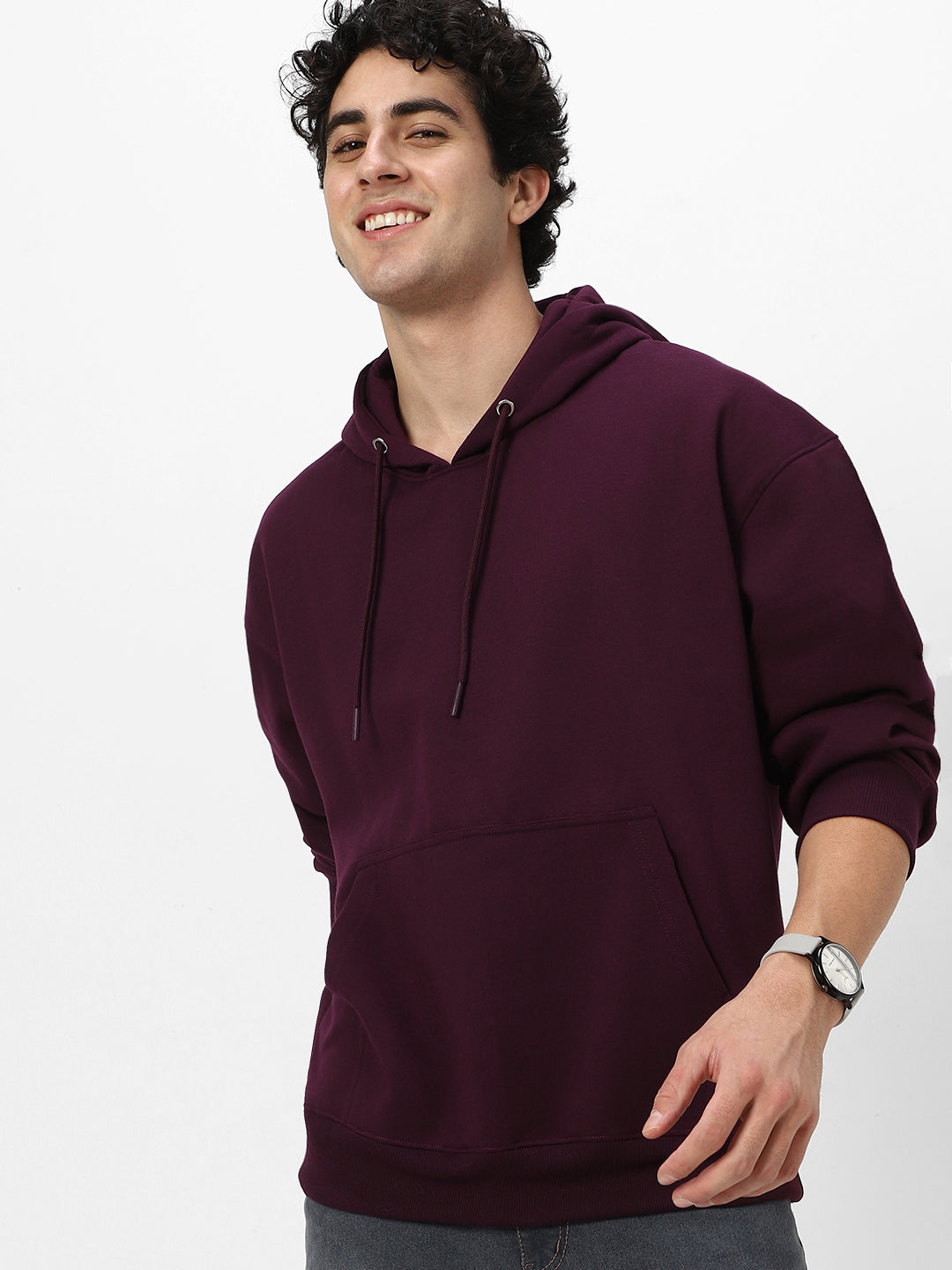 Men's Potent Purple Cotton Solid Oversized Hooded Neck Sweatshirt