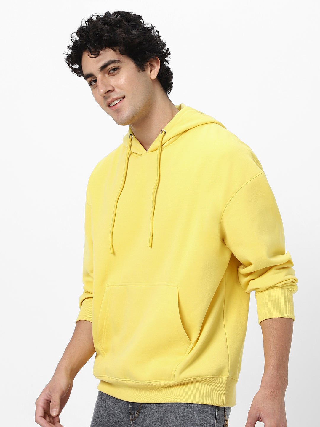 Men's Sun Yellow Cotton Solid Oversized Hooded Neck Sweatshirt