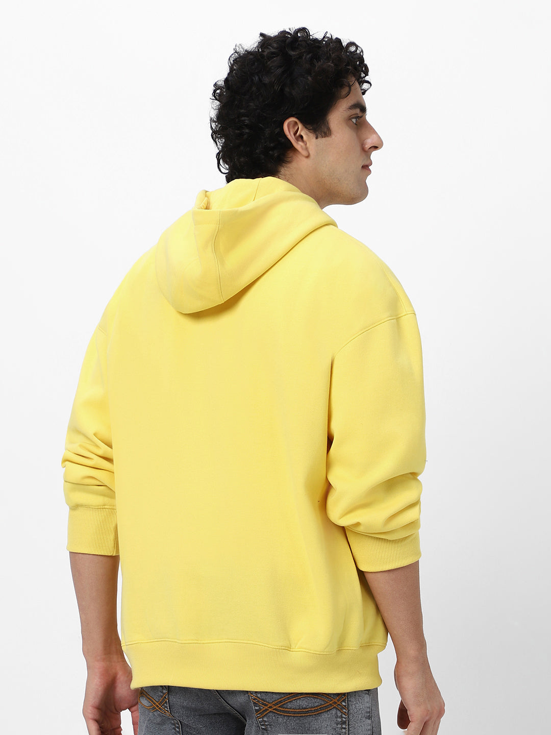 Men's Sun Yellow Cotton Solid Oversized Hooded Neck Sweatshirt