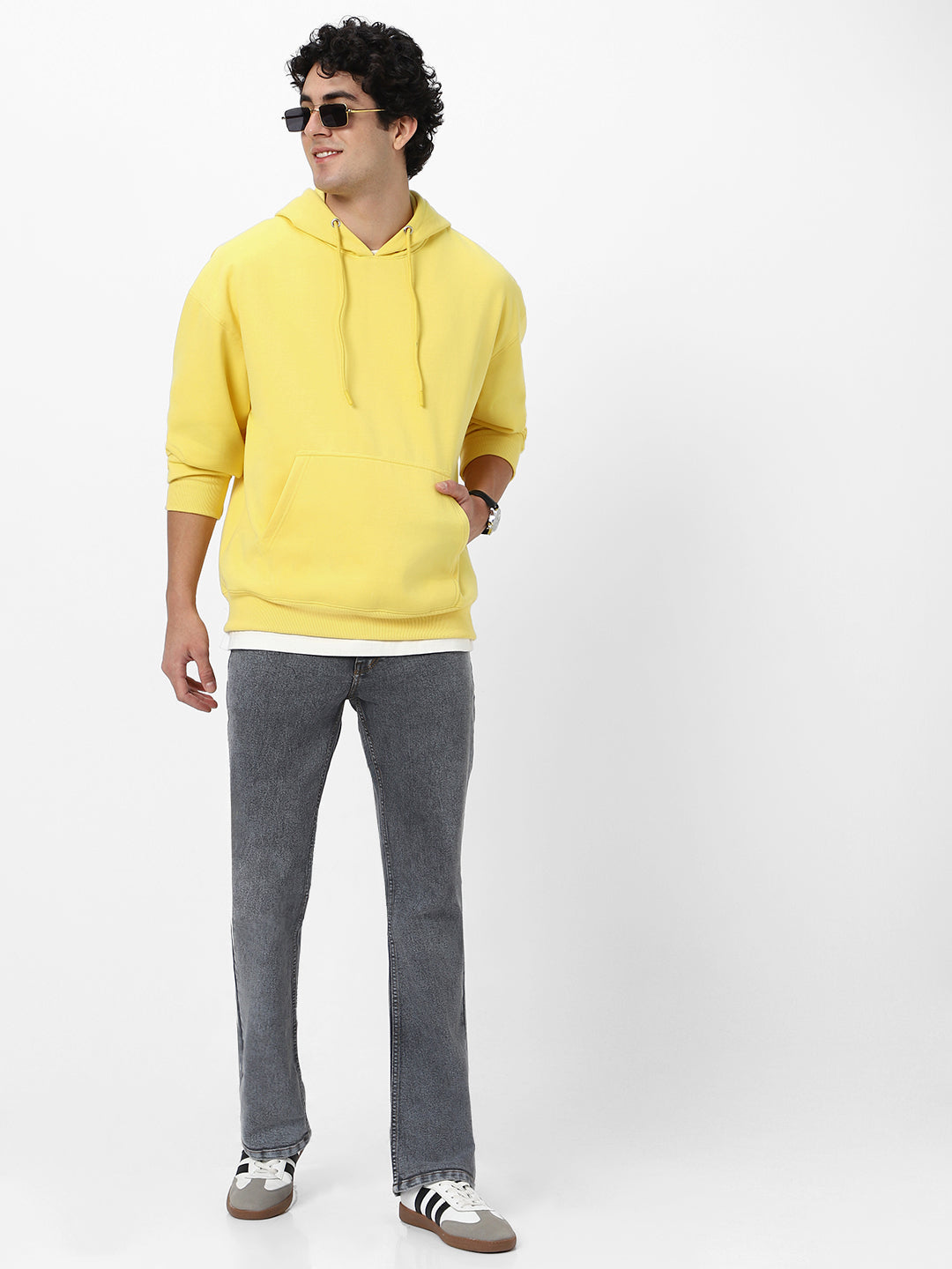 Men's Sun Yellow Cotton Solid Oversized Hooded Neck Sweatshirt