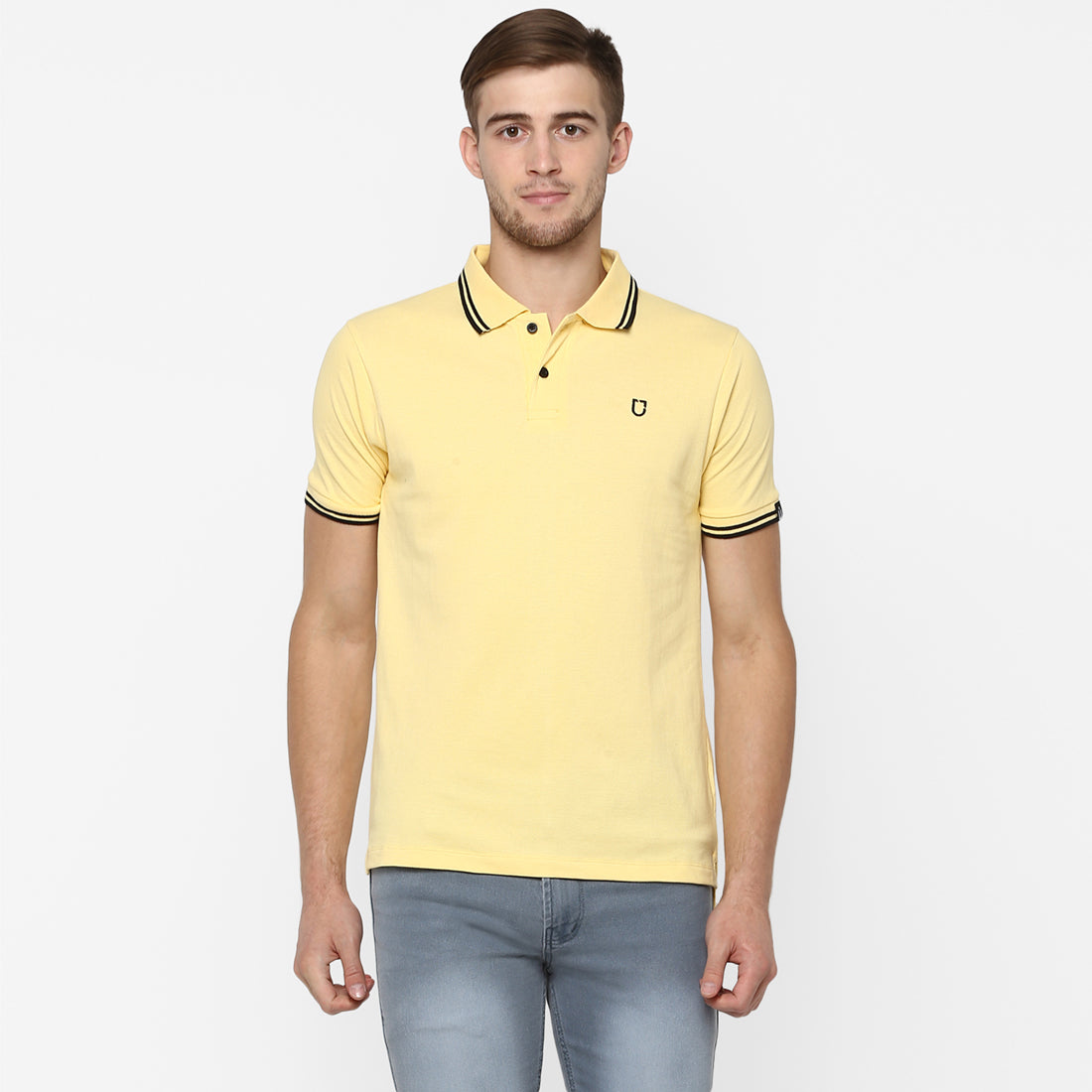 Men's Lemon Yellow Solid Slim Fit Half Sleeve Cotton Polo T-Shirt