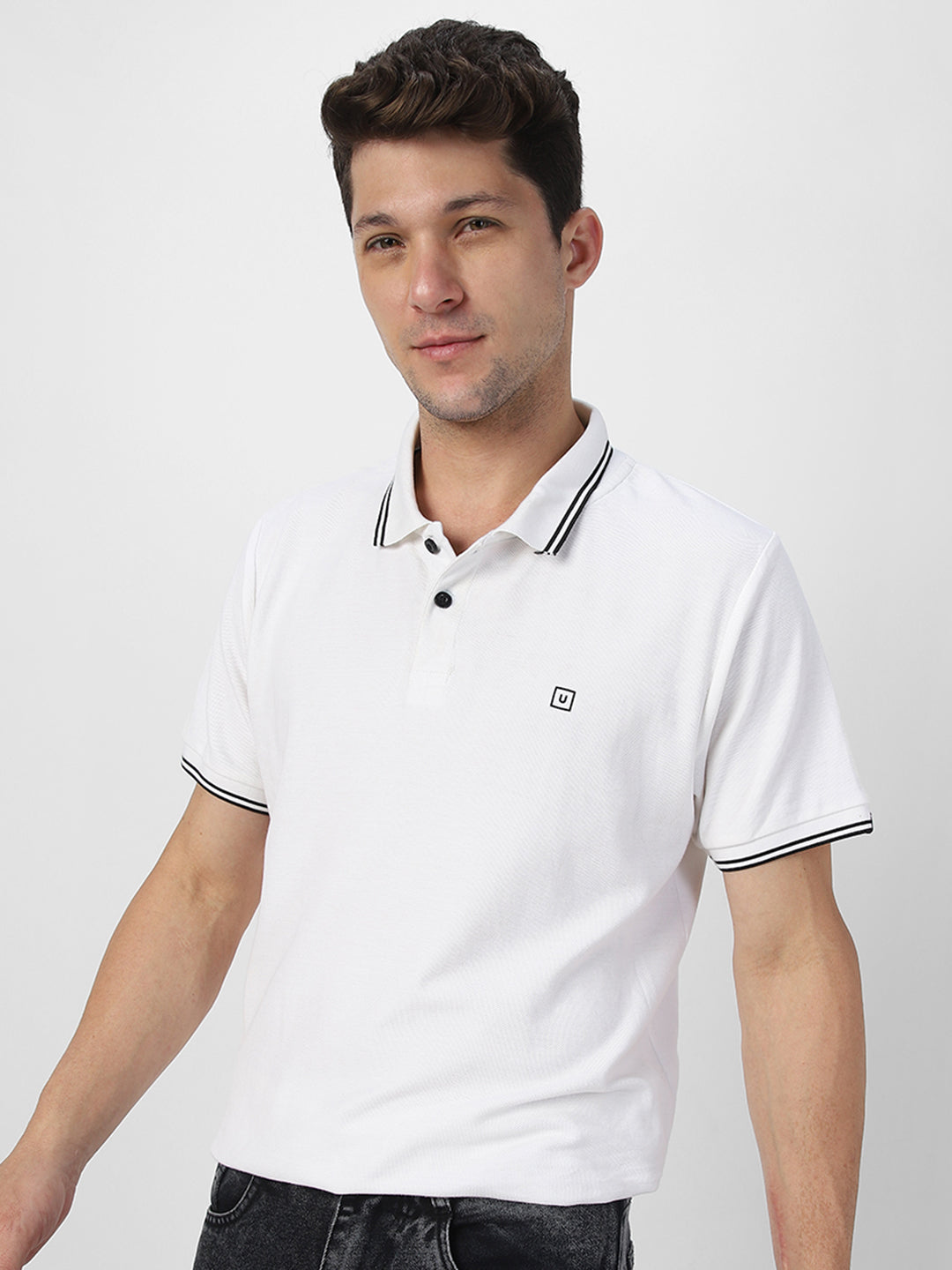 Men's White Solid Cotton Slim Fit Polo T-Shirt