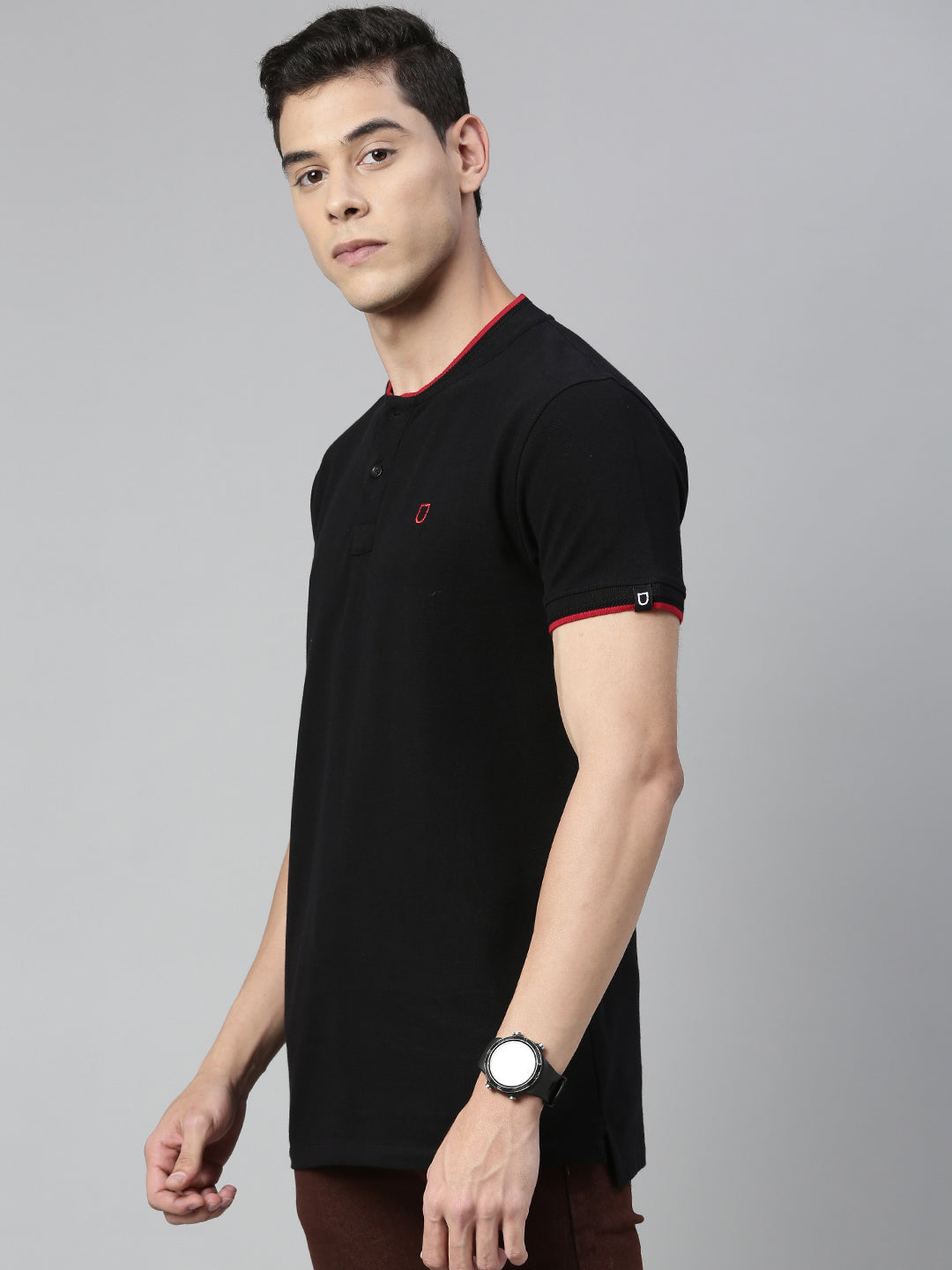 Men's Black Solid Mandarin Collar Slim Fit Cotton Polo T-Shirt