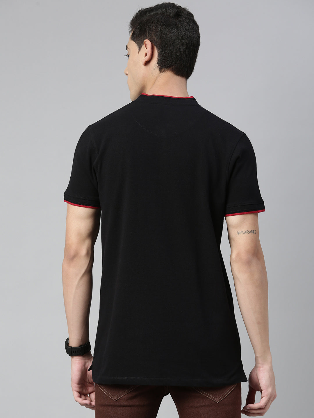 Men's Black Solid Mandarin Collar Slim Fit Cotton Polo T-Shirt