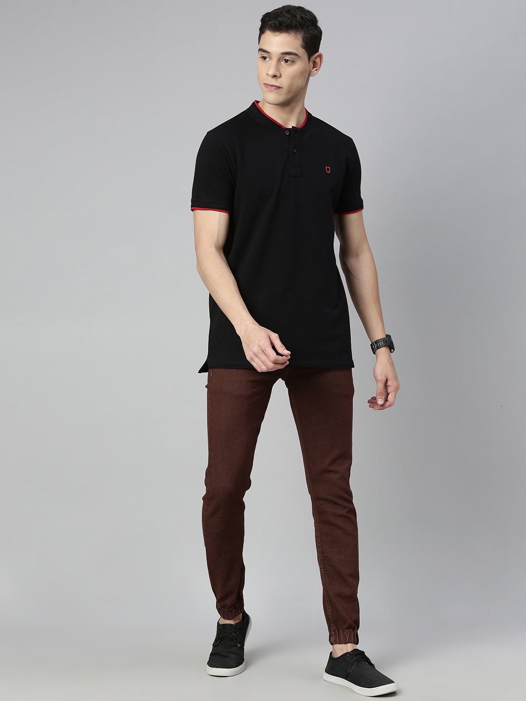 Men's Black Solid Mandarin Collar Slim Fit Cotton Polo T-Shirt