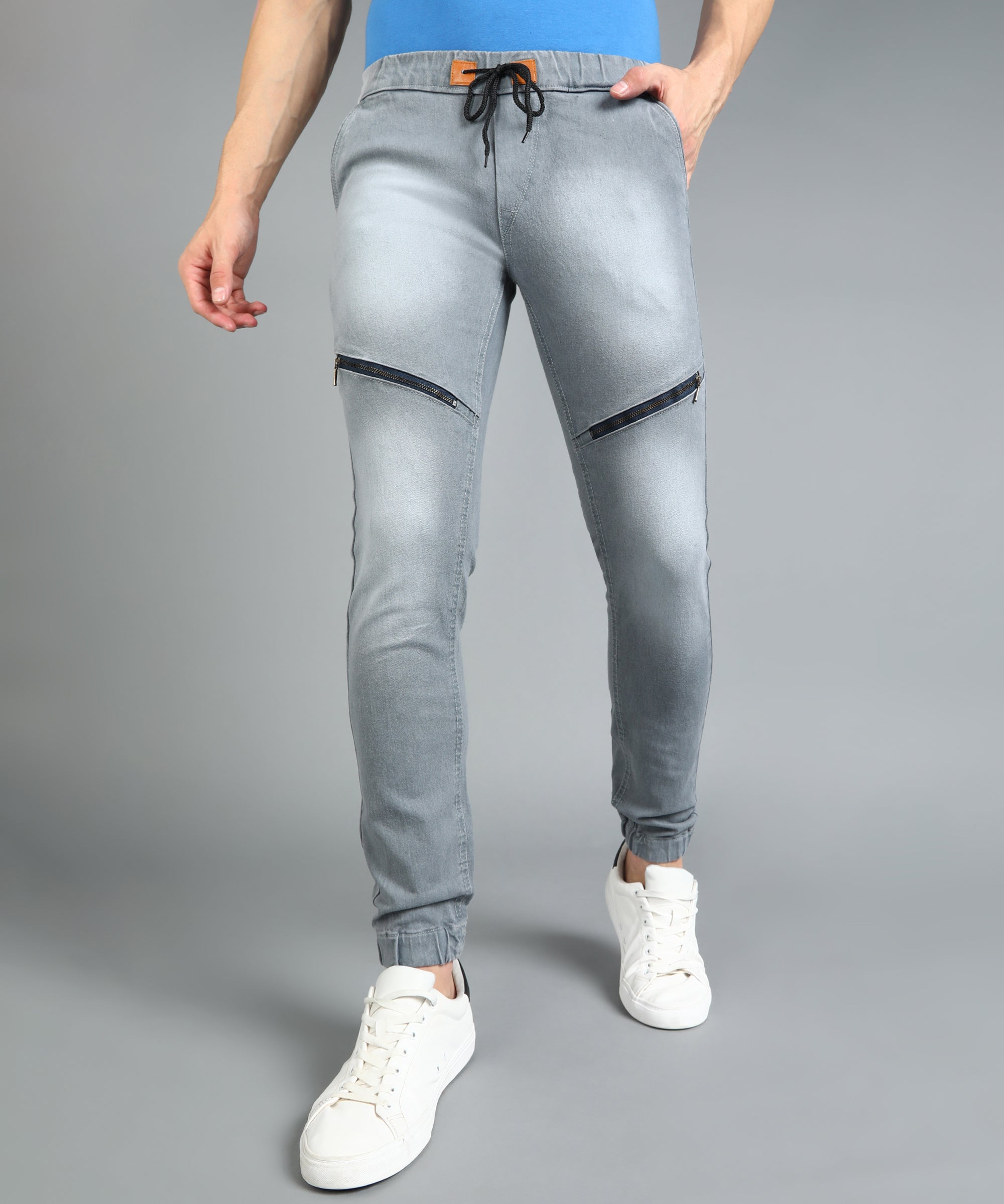 Men's Light Grey Slim Fit Zippered Jogger Jeans Stretchable