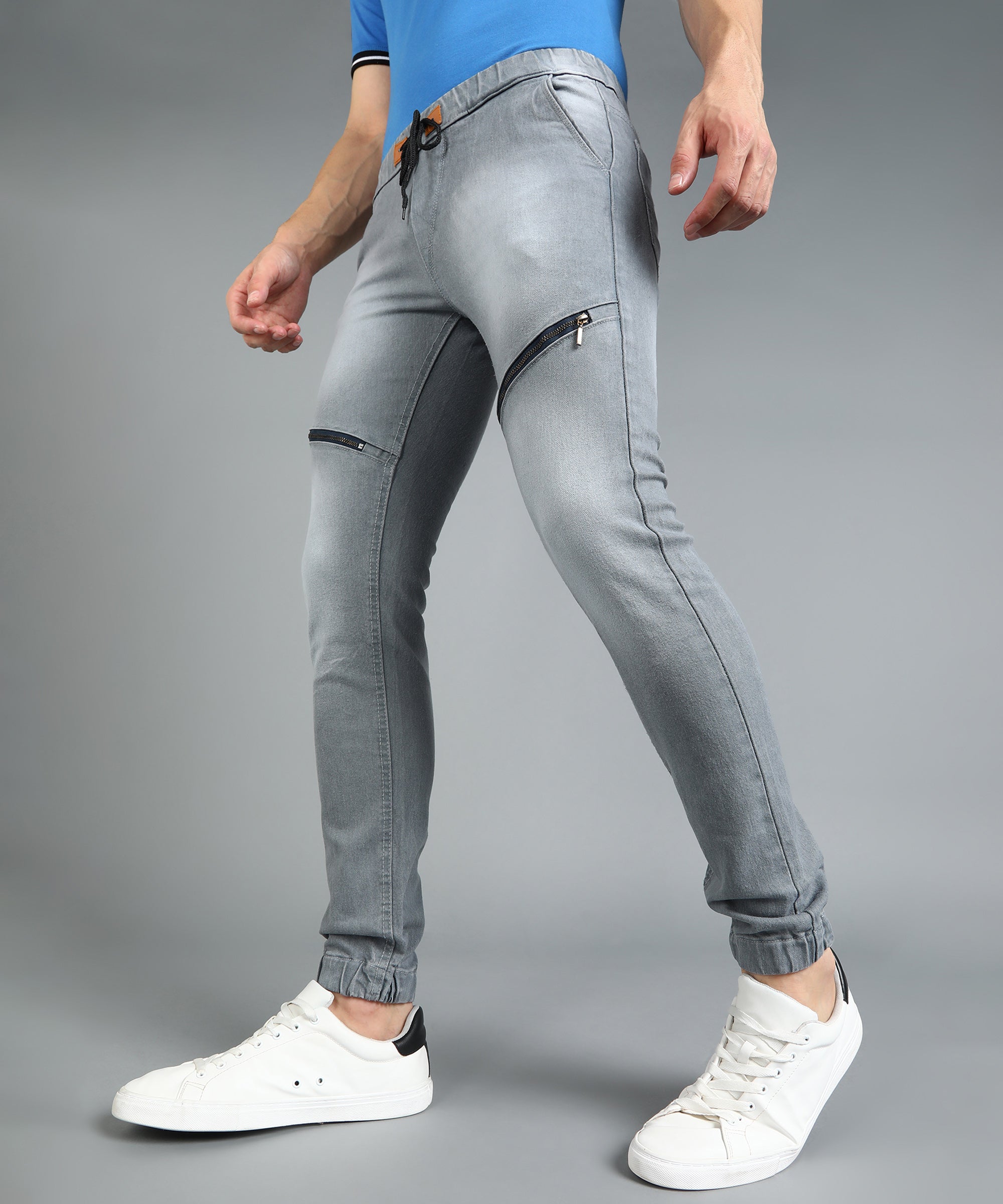 Men's Light Grey Slim Fit Zippered Jogger Jeans Stretchable