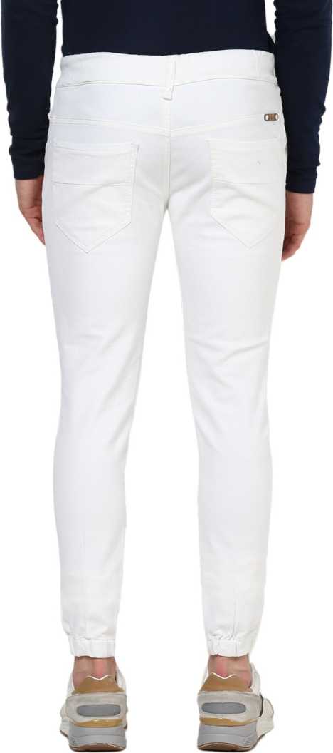 Men's White Slim Fit Zippered Jogger Jeans Stretch