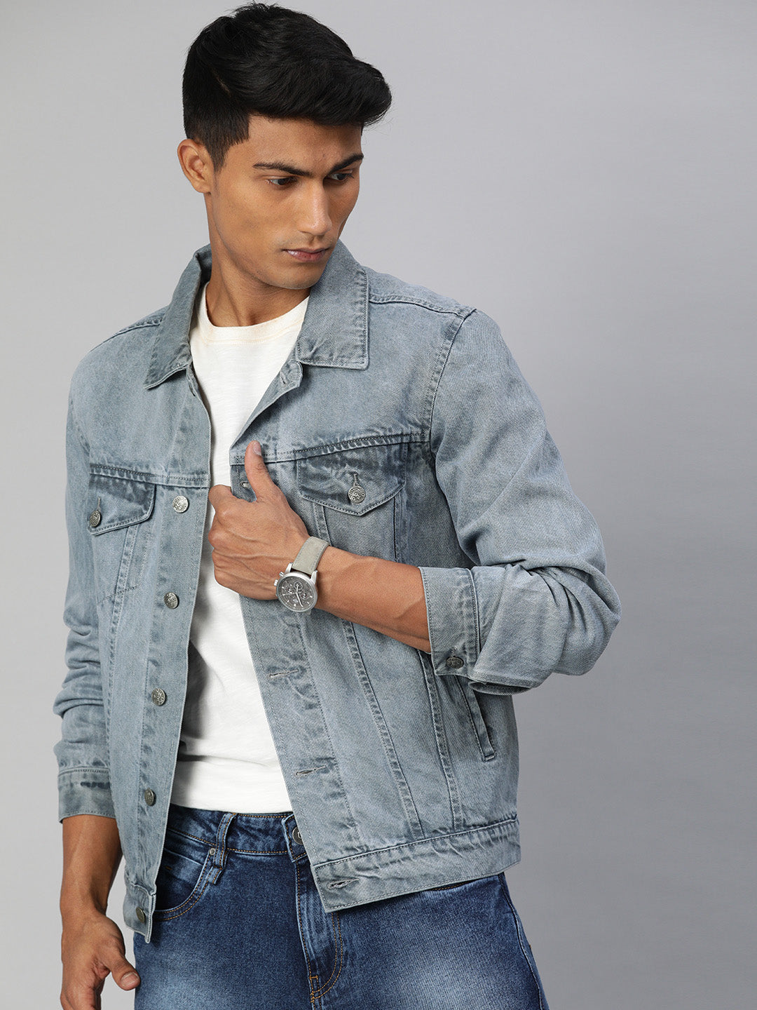 Men's Light Grey Regular Fit Washed Full Sleeve Denim Jacket – Urbano ...