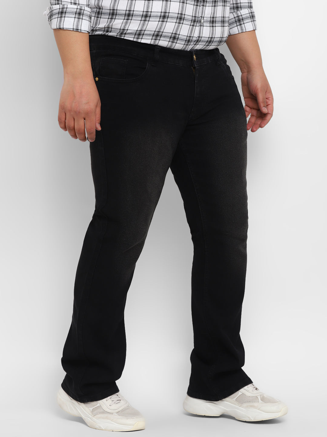 Plus Men's Black Regular Fit Washed Denim Bootcut Jeans Stretchable