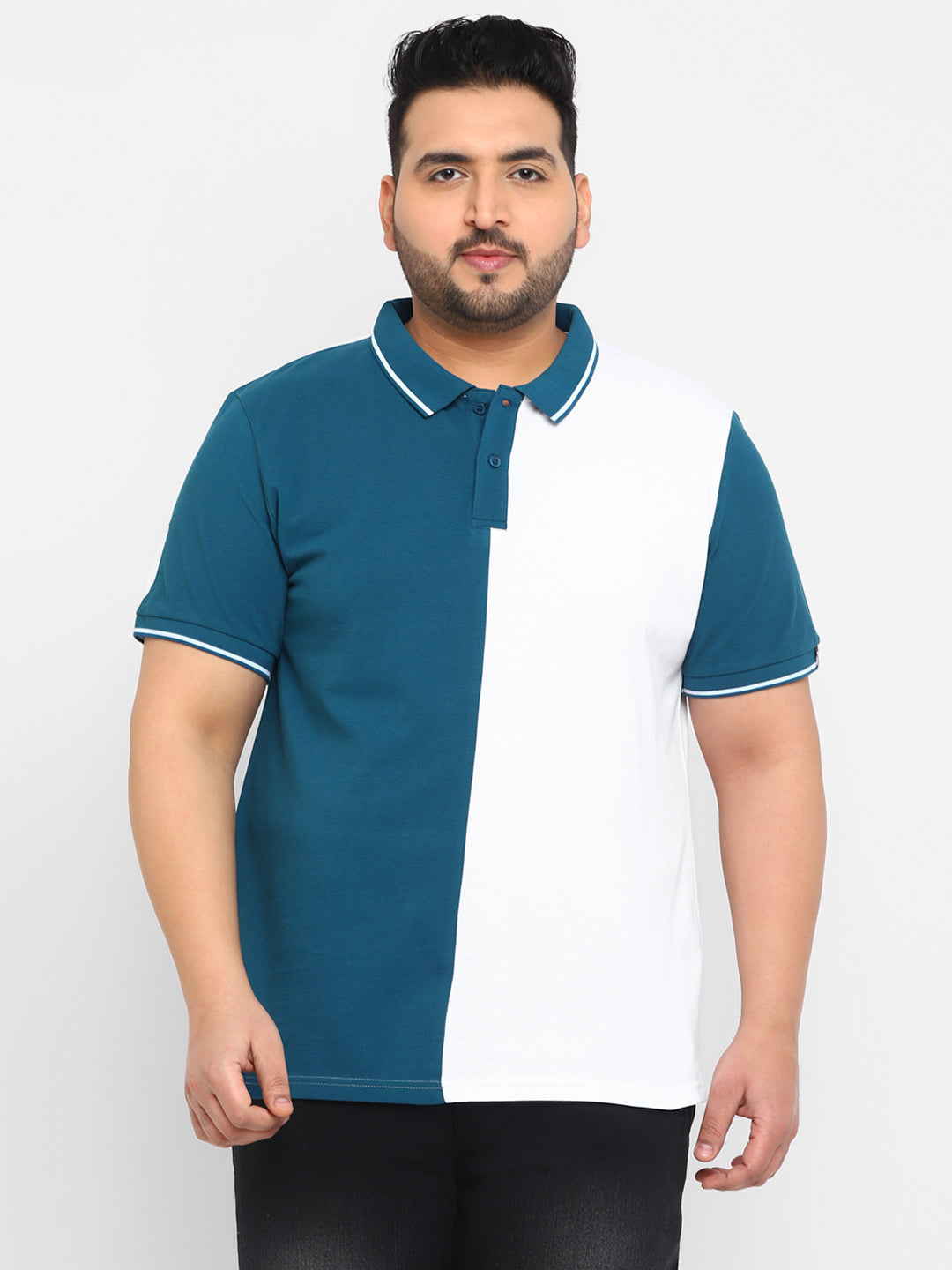 Plus Men's White, Blue Colour-Block Regular Fit Half Sleeve Cotton Polo T-Shirt